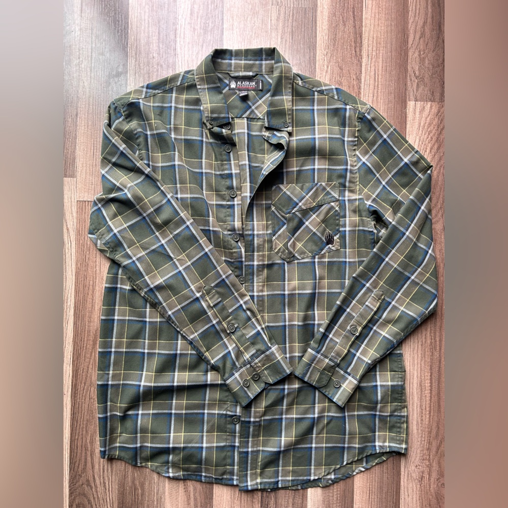 Duluth Trading Co button down in green plaid.